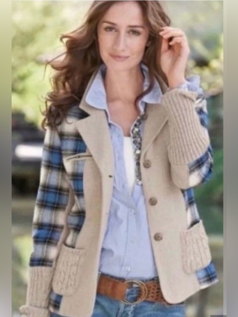 Sundance Beige and Blue Plaid Mixed-Media Blazer
